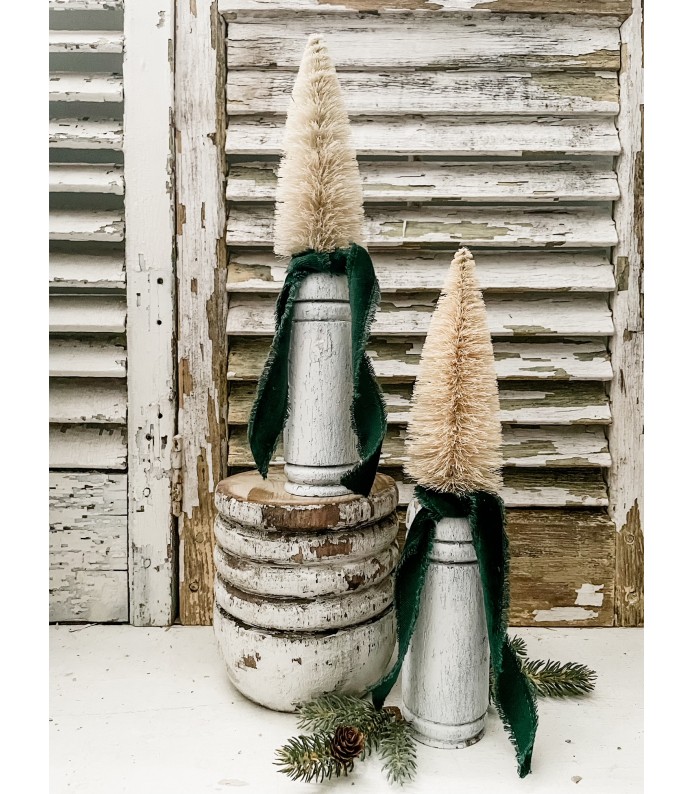 Vintage Architectural Salvage Chippy Spindles with Cream Ragon House Trees, Green Velvet Ribbon - Set of 2 - LTD